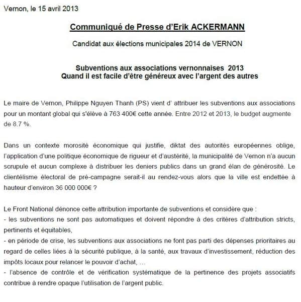 Le communiqué de presse envoyé le 15 avril par Erik Ackermann, le candidat du FN aux élections municipales de 2014 (mise à jour).